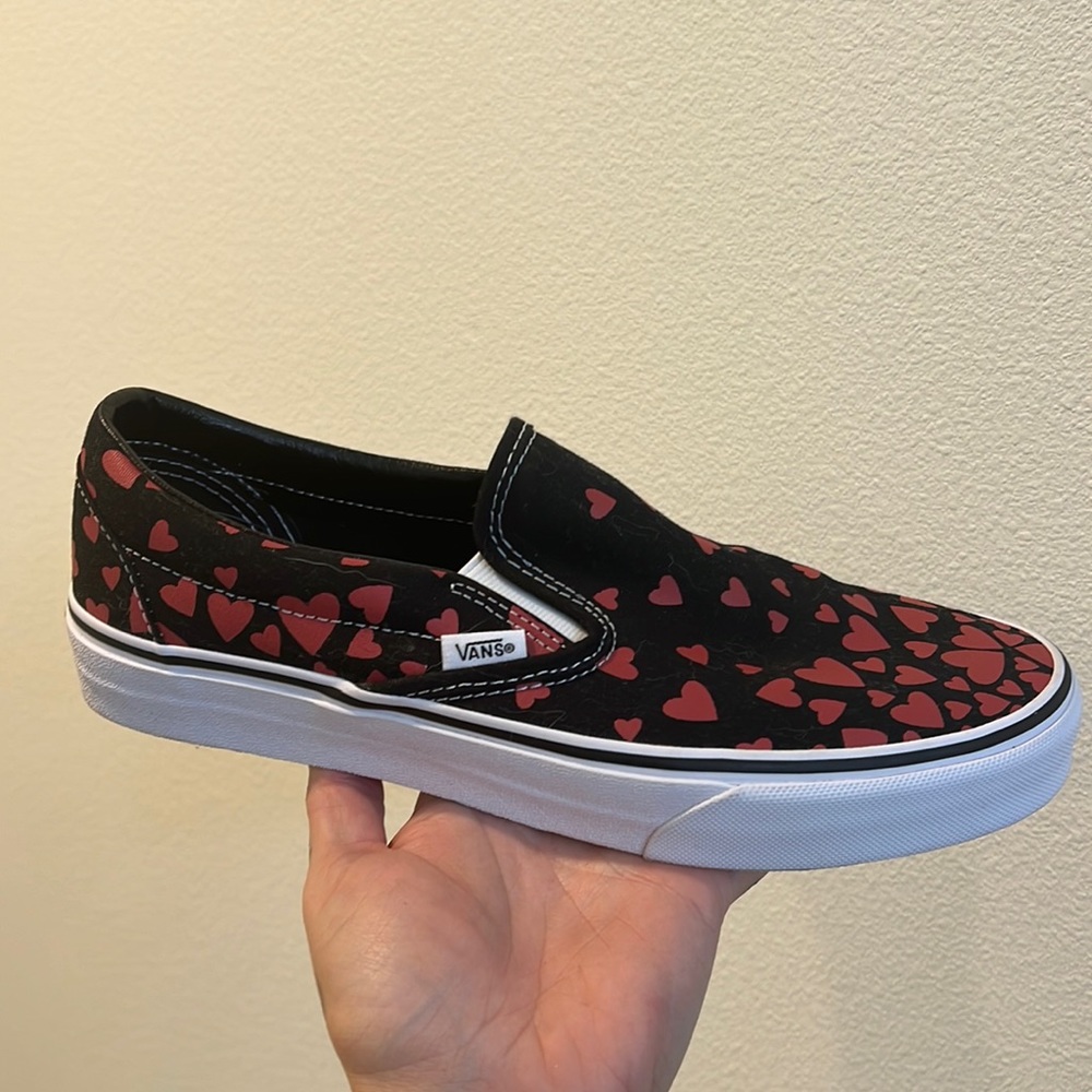 Vans slip ons, red hearts